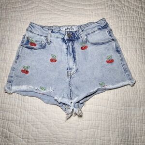 Indigo Rein Juniors Sz 9 High Rise Denim Cutoff Shorts Embroidered Cherries
